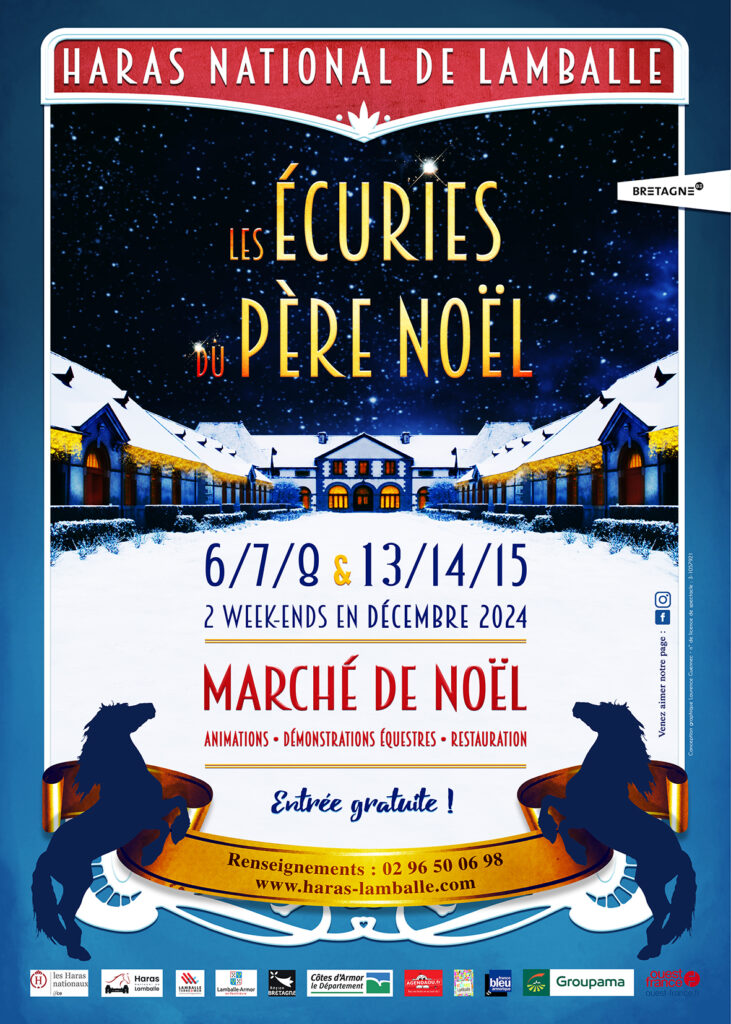 Affiche du marché de noël du Haras national de Lamballe, les écuries du Père Noël 2024