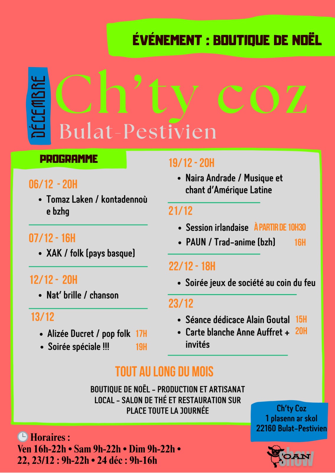 programme détaillé noël 2025 au Ch'ty coz café de Bulat-Pestivien